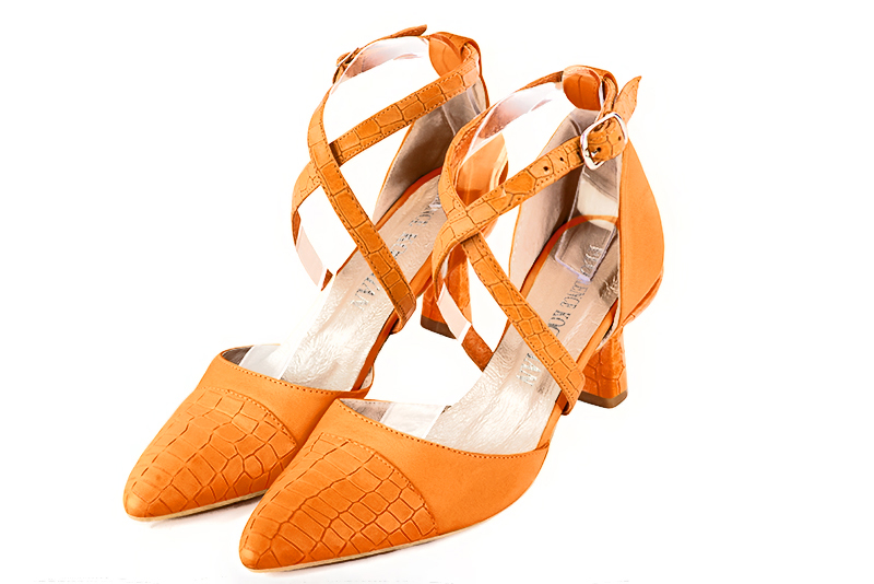 Apricot orange women's open side shoes, with crossed straps. Tapered toe. Medium spool heels. Front view - Florence KOOIJMAN